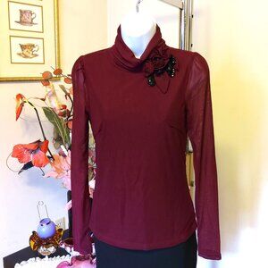 NWT SIMON CHANG Burgundy Chic Top Elegant Design Turtleneck Floral Blouse XS